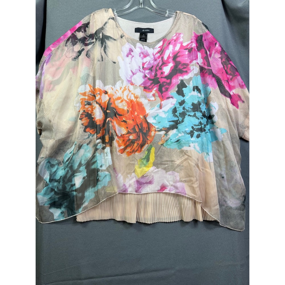 Ali Miles Women's Floral Poncho Top Multi Color Pleated Hem Chiffon Layered M